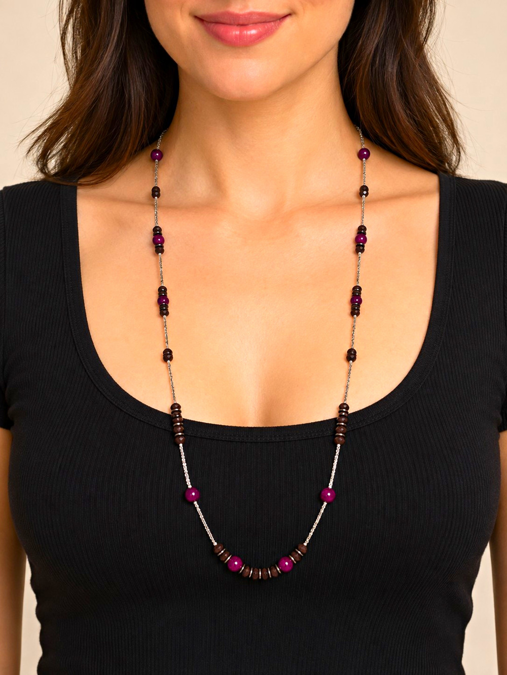 Purple Brown Beaded Long Necklace Silver Tone Chain Lobster Clasp Boho